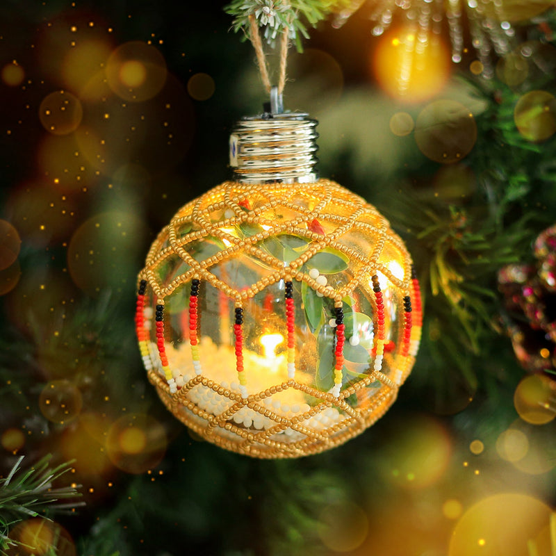 Gold Sparkly Handmade Beaded Ornament with Luminous Lights - Holiday Decor & Gifts