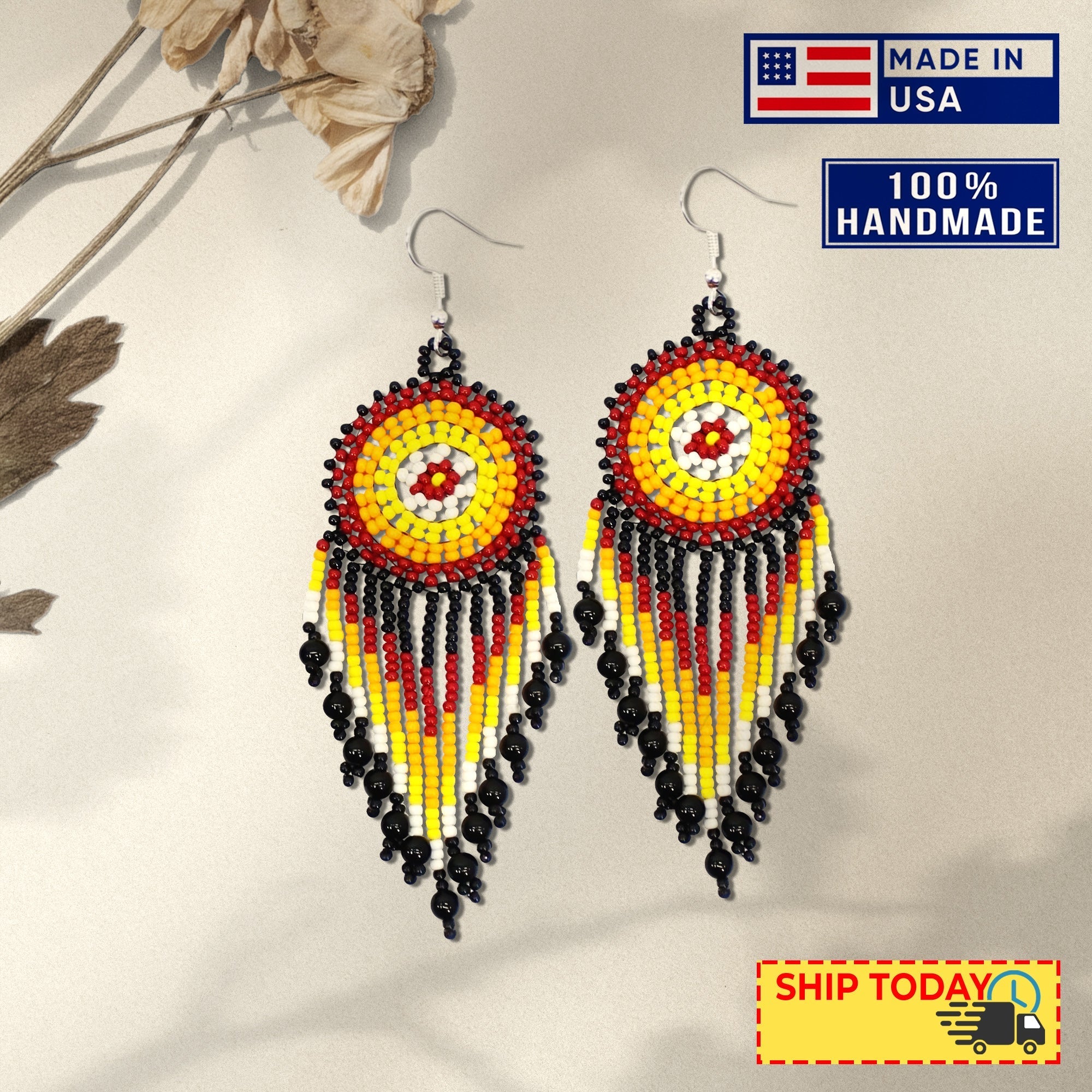 SALE 50% OFF - Black Medallion Beaded Handmade Earrings For Women