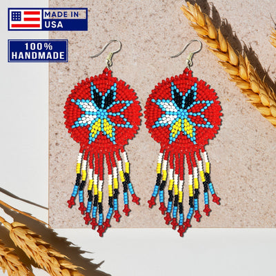 SALE 50% OFF - Red 4 Directions Round Fringe Beaded Handmade Earrings For Women