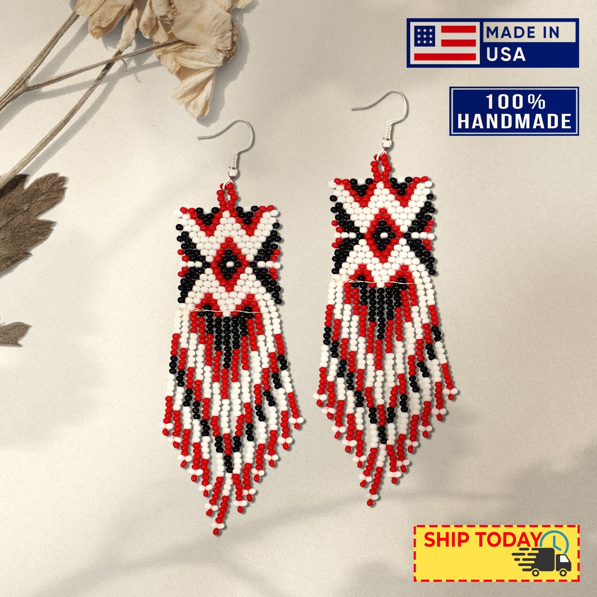 SALE 50% OFF - Red Black Long Beaded Handmade Earrings For Women