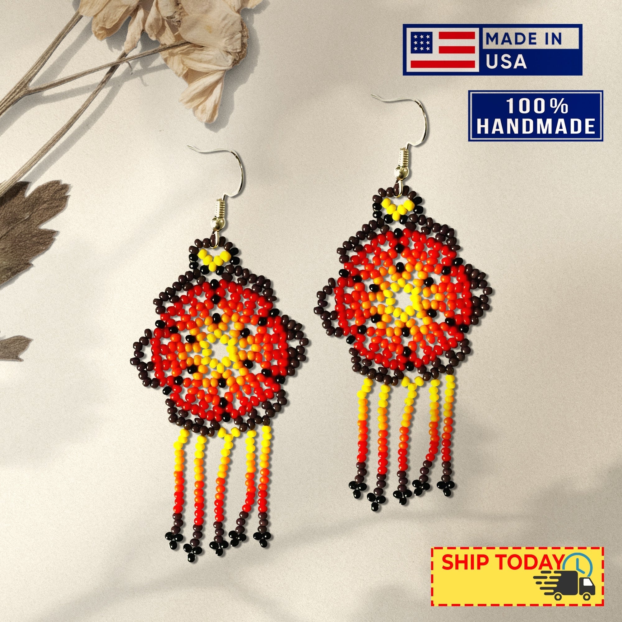 SALE 50% OFF - Ethnic Flower Purple Red Chandelier Black Stick with Metal Feather Beaded Handmade Earrings For Women