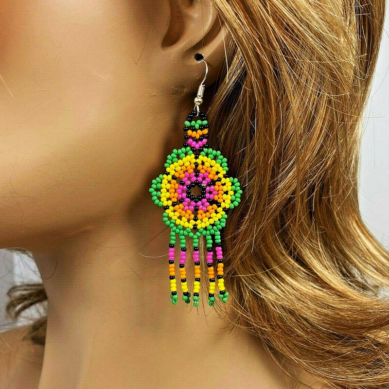 SALE 50% OFF - Ethnic Flower Green Beaded Chandelier Beaded Handmade Earrings For Women