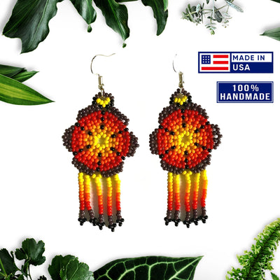 SALE 50% OFF - Ethnic Flower Purple Red Chandelier Black Stick with Metal Feather Beaded Handmade Earrings For Women