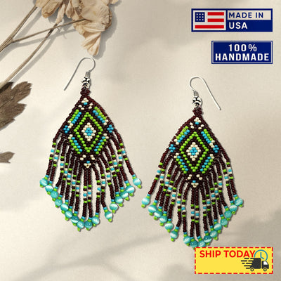 SALE 50% OFF - Brown Seed Bead  Pattern Beaded Handmade Earrings For Women