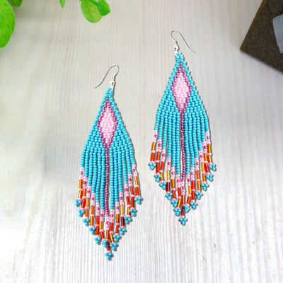 SALE 50% OFF -  Turquoise Blue Seed Pattern Beaded Handmade Earrings For Women