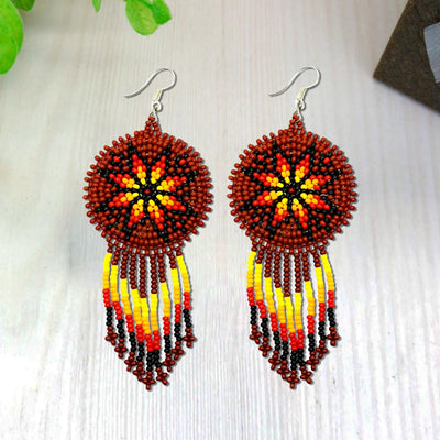 SALE 50% OFF -  Brown Fire Color Flower Round Beaded Handmade Earrings For Women