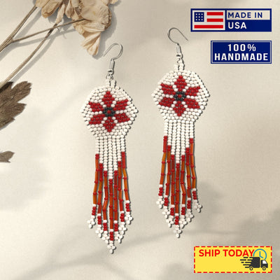 SALE 50% OFF - White Red Flower Beaded Handmade Earrings For Women