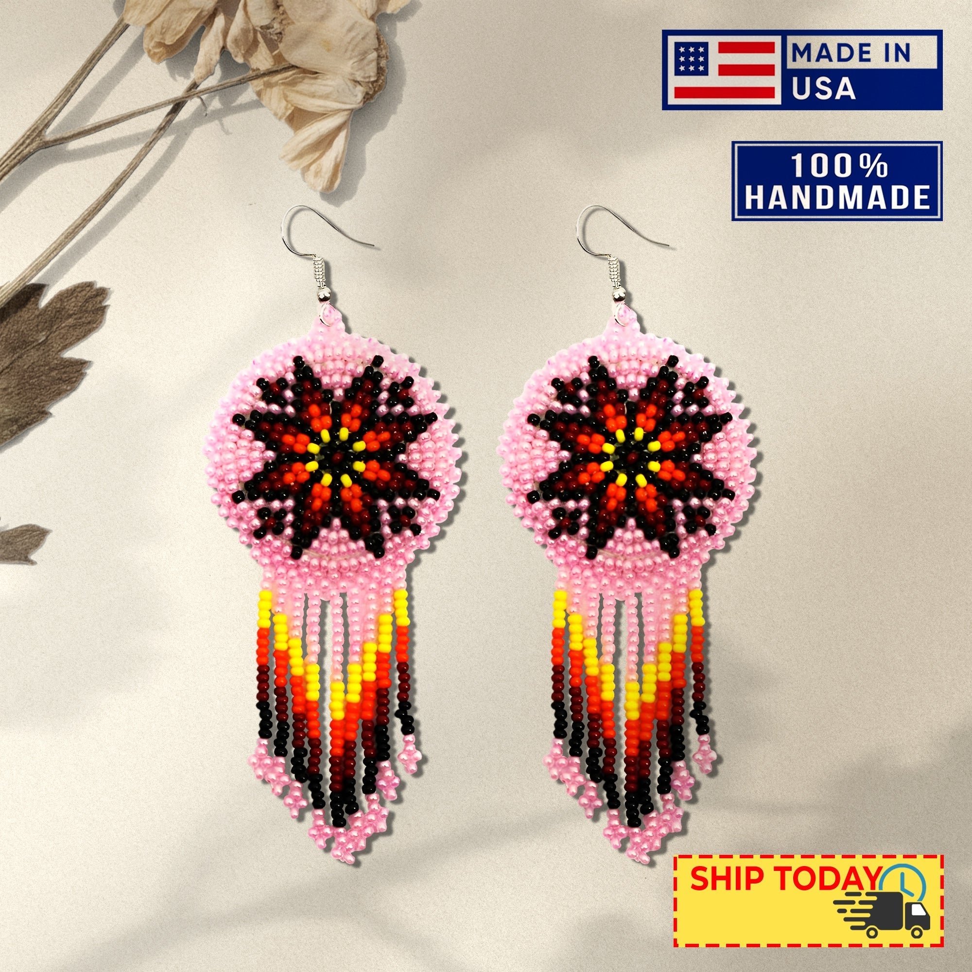 SALE 50% OFF - Pink Fire Color Round Beaded Handmade Earrings For Women