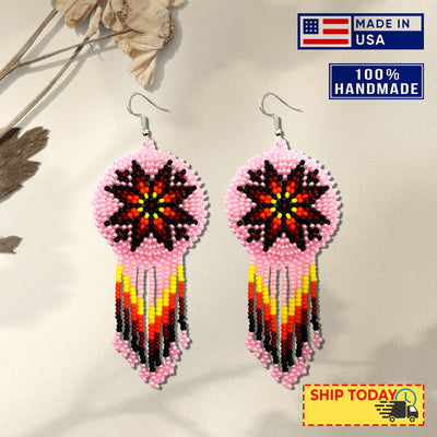 SALE 50% OFF - Pink Fire Color Round Beaded Handmade Earrings For Women