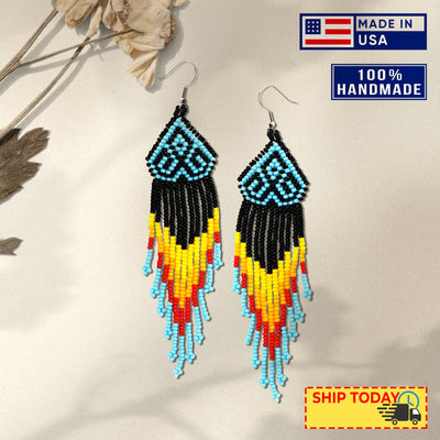 SALE 50% OFF - Black Multicolored Long Pattern Beaded Handmade Earrings For Women