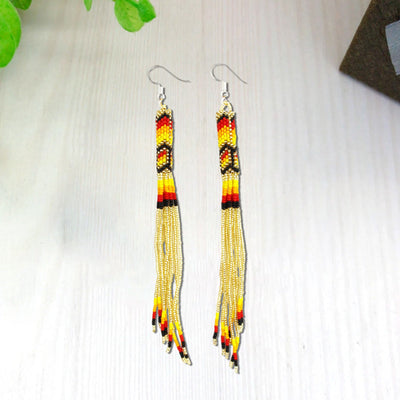 SALE 50% OFF - Gold Extra Long Pattern Beaded Handmade Earrings For Women Native Style