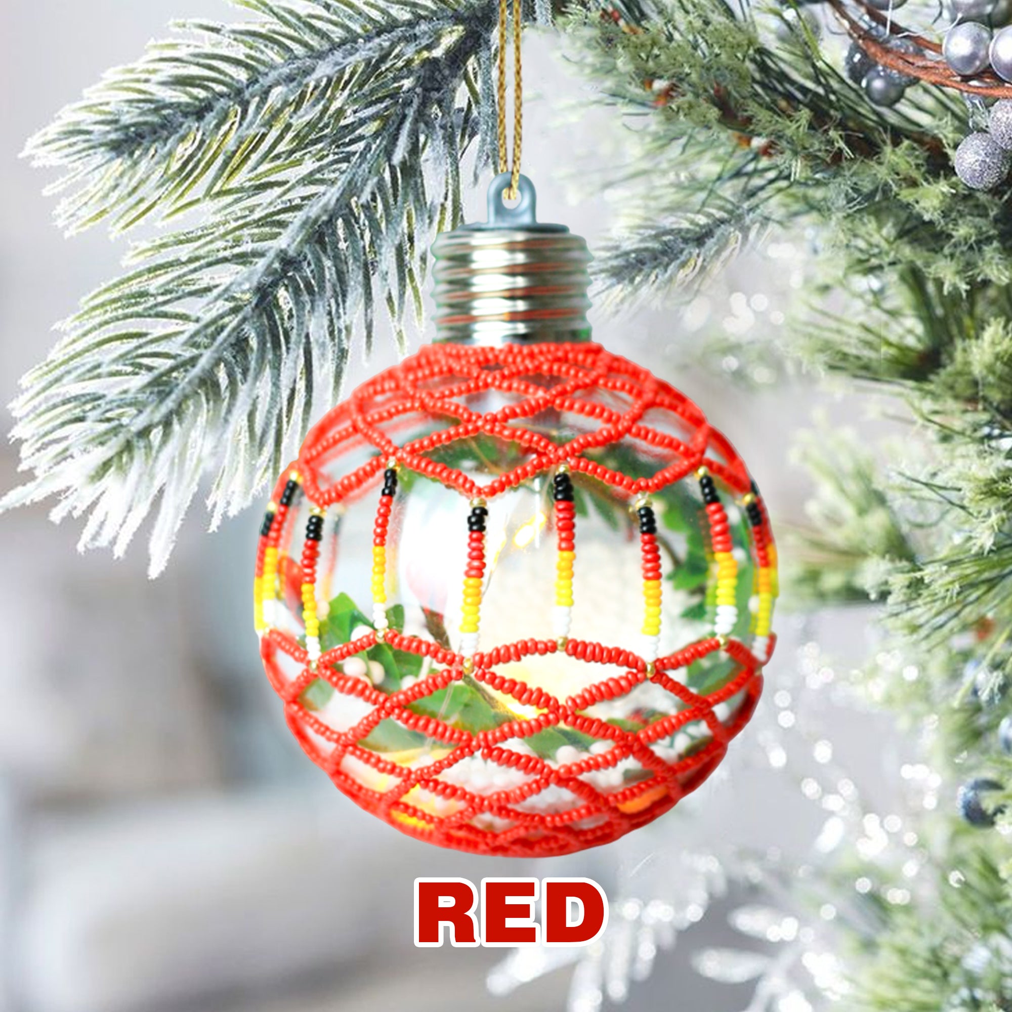 Red Sparkly Handmade Beaded Ornament with Luminous Lights Premium - Holiday Decor & Gifts