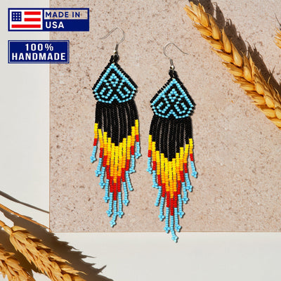 SALE 50% OFF - Black Multicolored Long Pattern Beaded Handmade Earrings For Women