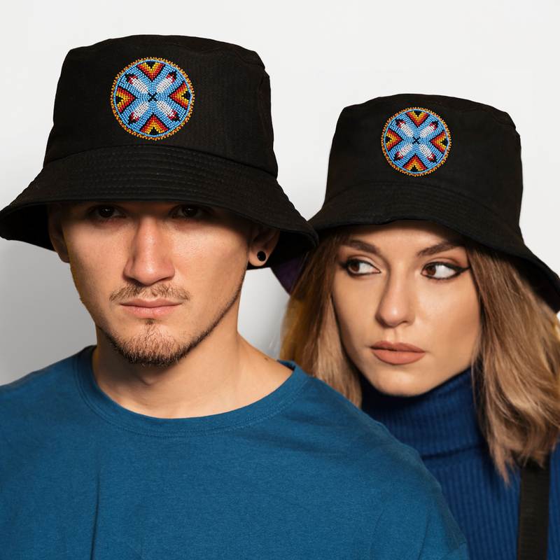 SALE 50% OFF - Four Feather Beaded Unisex Cotton Bucket Hat with Native American