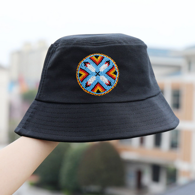 SALE 50% OFF - Four Feather Beaded Unisex Cotton Bucket Hat with Native American