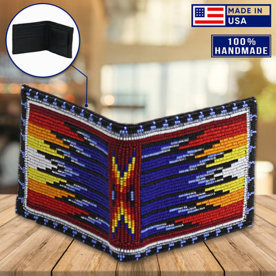 SALE 50% OFF - Handmade Beaded Deep Blue Fire Native American style genuine leather Men’s bifold Wallet/purse IBL