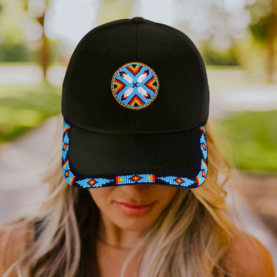 SALE 50% OFF - Cotton Unisex Baseball Cap With Beaded Patch Brim Native American Style