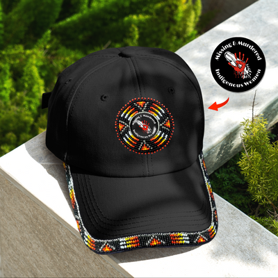 SALE 50% OFF - Red Hand Baseball Cap With Patch And A Colorful Beaded Brim Native American Style