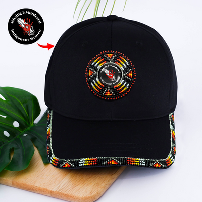 SALE 50% OFF - Red Hand Baseball Cap With Patch And A Colorful Beaded Brim Native American Style