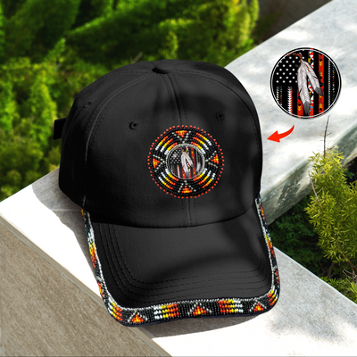 SALE 50% OFF - Flag Feather Baseball Cap With Patch And Brim Cotton Unisex Native American Style