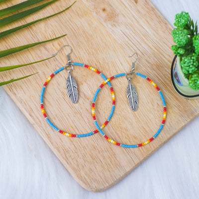 SALE 50% OFF - Turquoise Round Pattern Beaded Handmade Hoop Earrings For Women