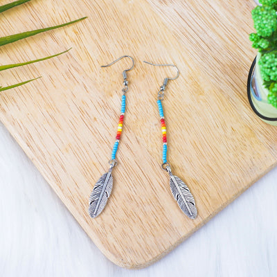 SALE 50% OFF - Black Stick with Metal Feather Beaded Handmade Earrings For Women