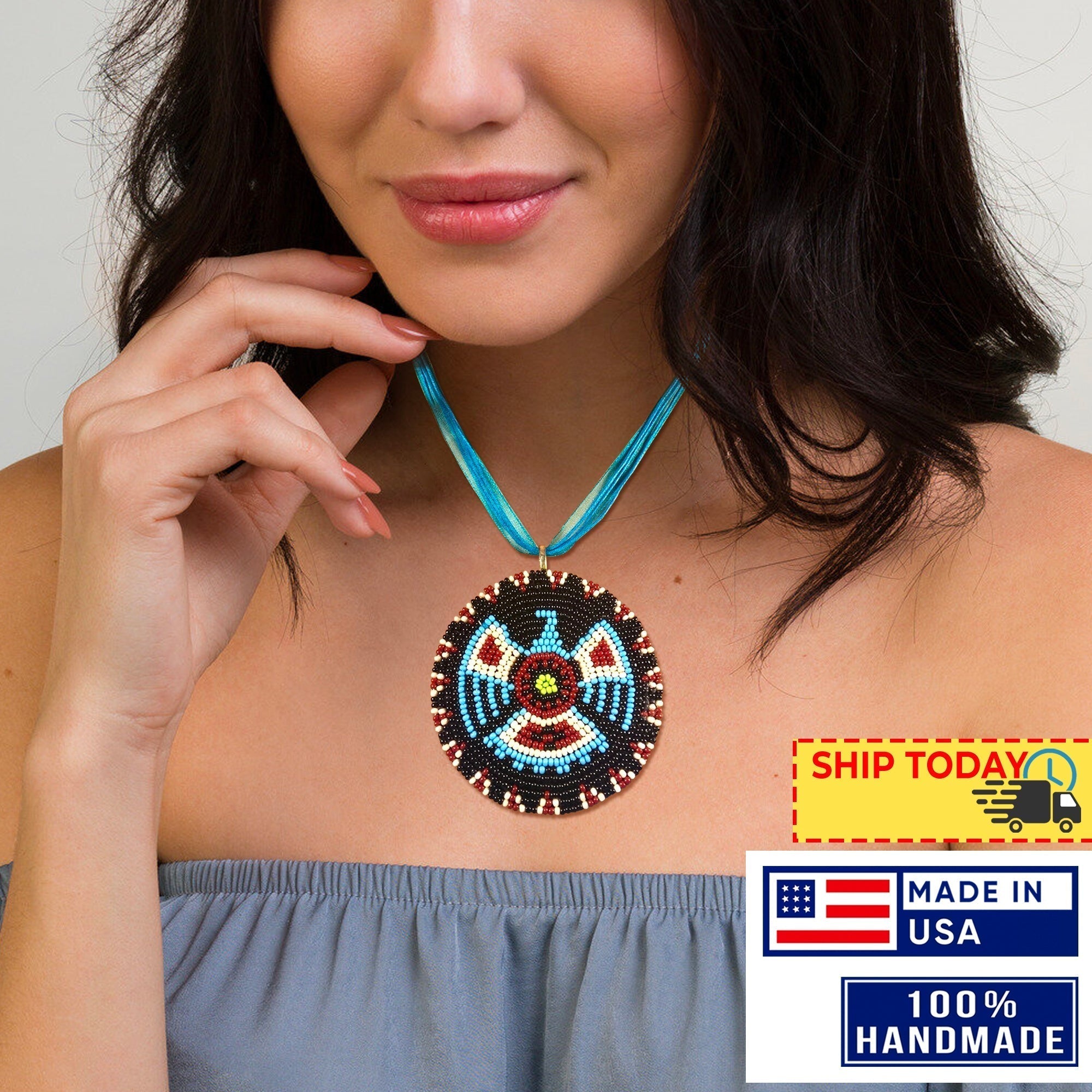 SALE 50% OFF - Handmade Beaded Thunderbird Turquoise Blue Black Organza Cord Necklace Unisex With Native American Style