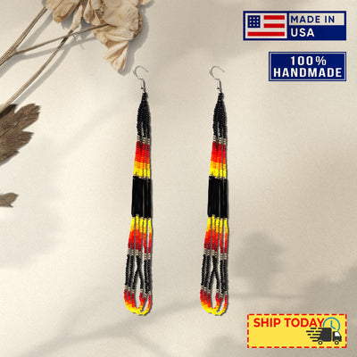 SALE 50% OFF - Black Fire Color Long Pattern Beaded Handmade Earrings For Women