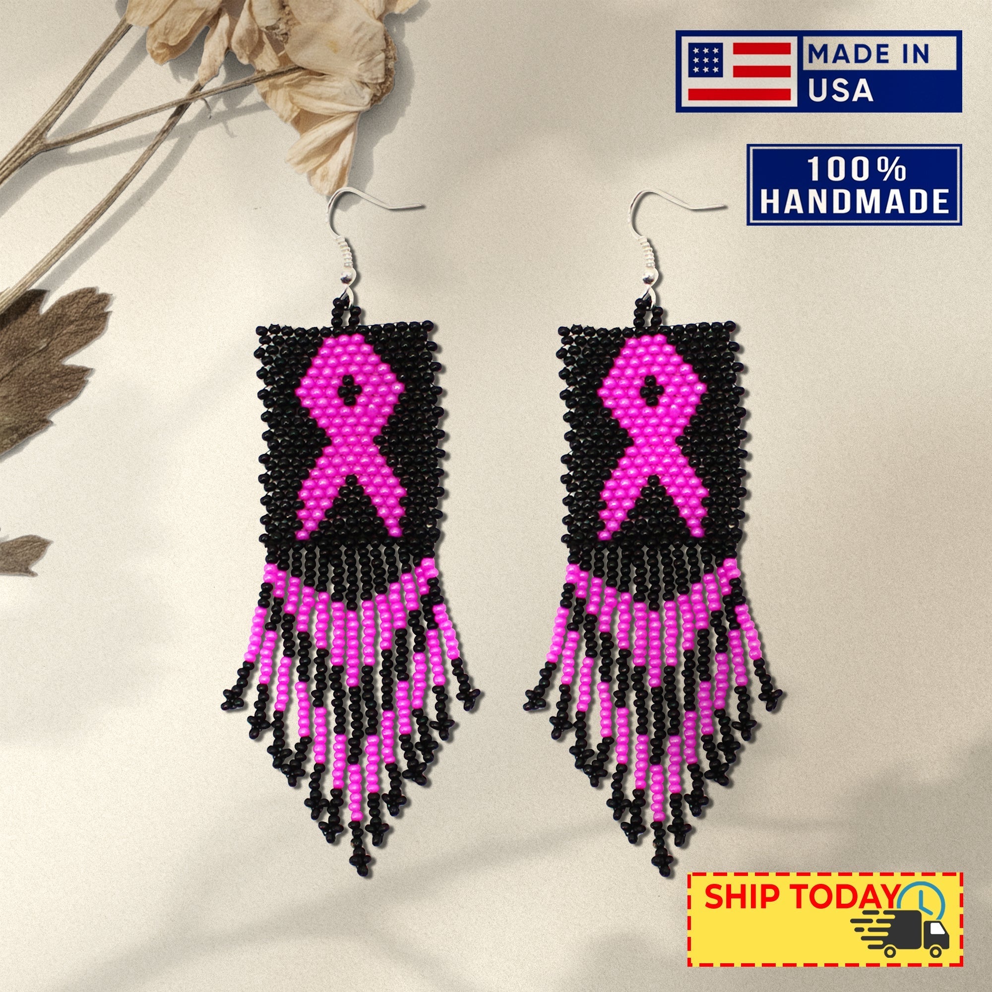 SALE 50% OFF - Black Pink Breast Cancer Awareness Beaded Handmade Earrings For Women