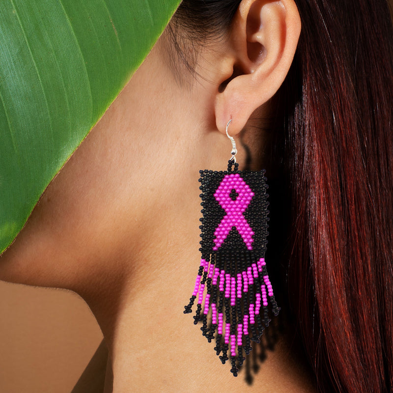 SALE 50% OFF - Black Pink Breast Cancer Awareness Beaded Handmade Earrings For Women