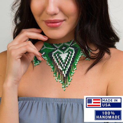 SALE 50% OFF - Green Black White Heart Beaded Bib Necklace Choker Unisex With Native American Style